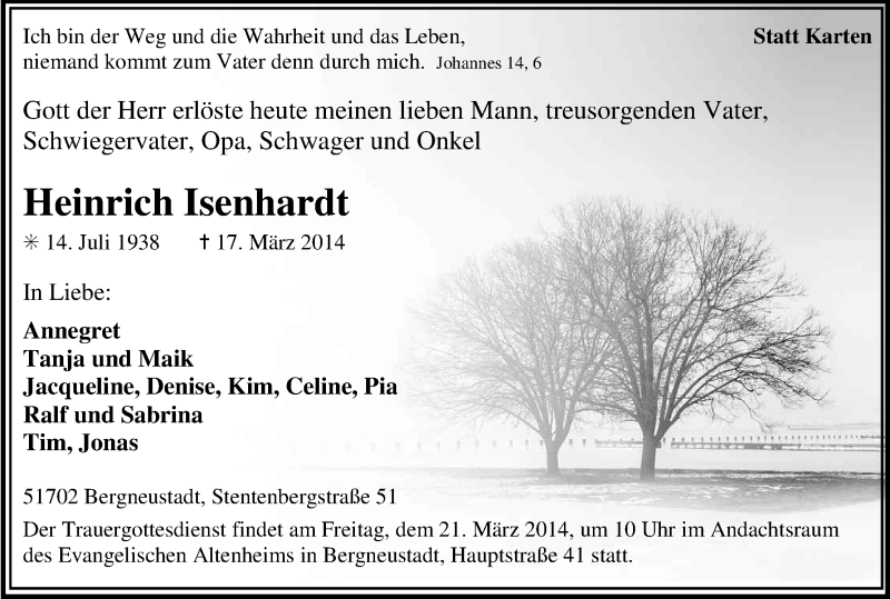  Traueranzeige für Heinrich Isenhardt vom 19.03.2014 aus Kölner Stadt-Anzeiger / Kölnische Rundschau / Express