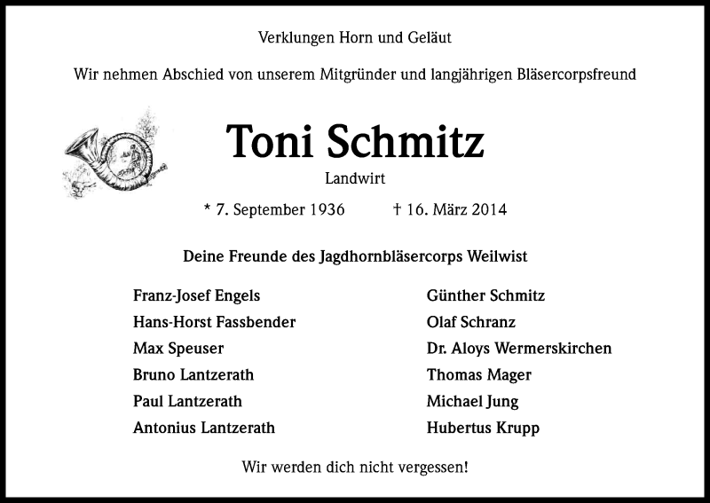  Traueranzeige für Toni Schmitz vom 19.03.2014 aus Kölner Stadt-Anzeiger / Kölnische Rundschau / Express