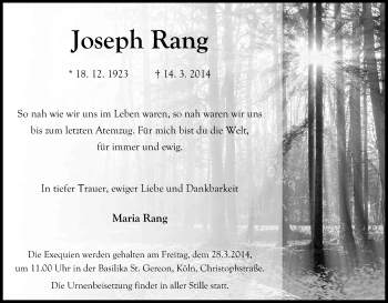 Anzeige von Joseph Rang von Kölner Stadt-Anzeiger / Kölnische Rundschau / Express