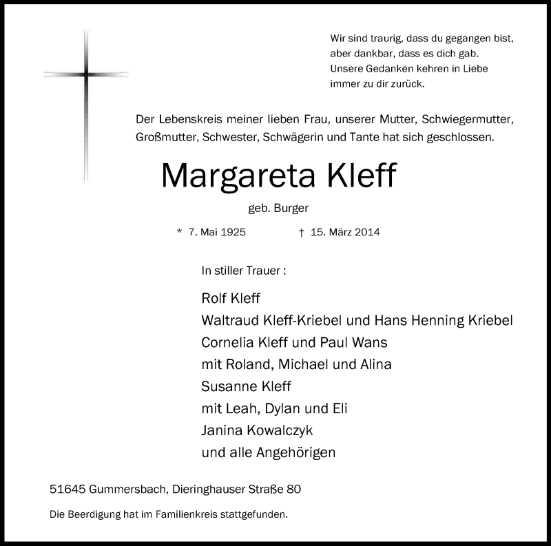  Traueranzeige für Margareta Kleff vom 24.03.2014 aus Kölner Stadt-Anzeiger / Kölnische Rundschau / Express