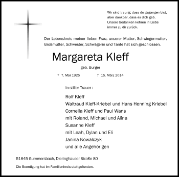 Anzeige von Margareta Kleff von Kölner Stadt-Anzeiger / Kölnische Rundschau / Express