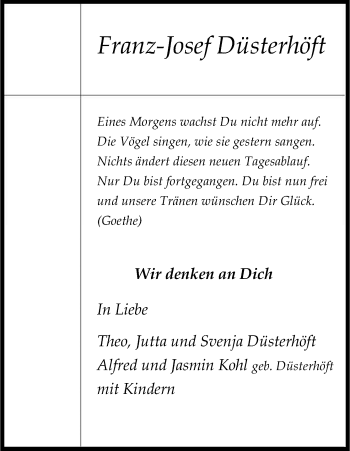 Anzeige von Franz-Josef Düsterhöft von Kölner Stadt-Anzeiger / Kölnische Rundschau / Express