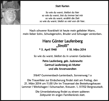 Anzeige von Hans Günter Laufenberg von Kölner Stadt-Anzeiger / Kölnische Rundschau / Express