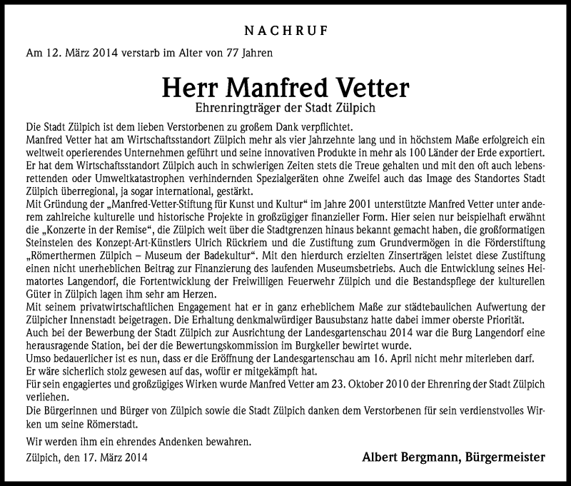  Traueranzeige für Manfred Vetter vom 21.03.2014 aus Kölner Stadt-Anzeiger / Kölnische Rundschau / Express