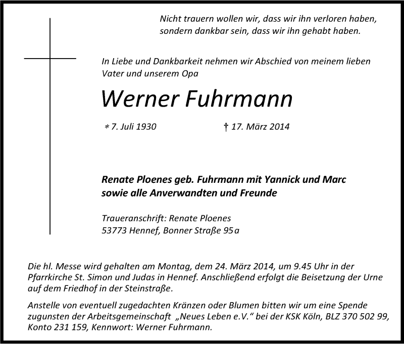  Traueranzeige für Werner Fuhrmann vom 19.03.2014 aus Kölner Stadt-Anzeiger / Kölnische Rundschau / Express