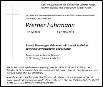 Anzeige von Werner Fuhrmann von Kölner Stadt-Anzeiger / Kölnische Rundschau / Express