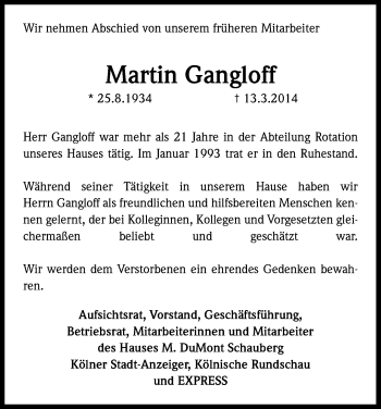 Anzeige von Martin Gangloff von Kölner Stadt-Anzeiger / Kölnische Rundschau / Express