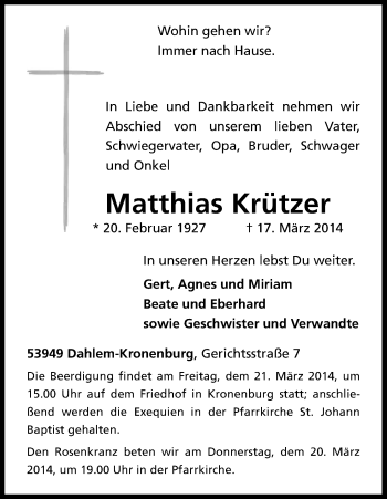 Anzeige von Matthias Krützer von Kölner Stadt-Anzeiger / Kölnische Rundschau / Express