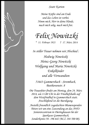 Anzeige von Felix Nowitzki von Kölner Stadt-Anzeiger / Kölnische Rundschau / Express
