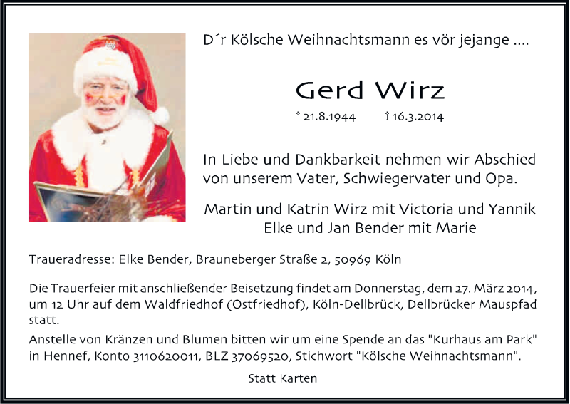  Traueranzeige für Gerd Wirz vom 22.03.2014 aus Kölner Stadt-Anzeiger / Kölnische Rundschau / Express