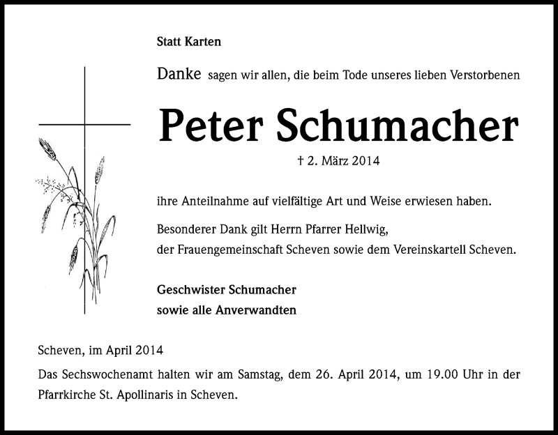 Traueranzeige für Peter Schumacher vom 16.04.2014 aus Kölner Stadt-Anzeiger / Kölnische Rundschau / Express