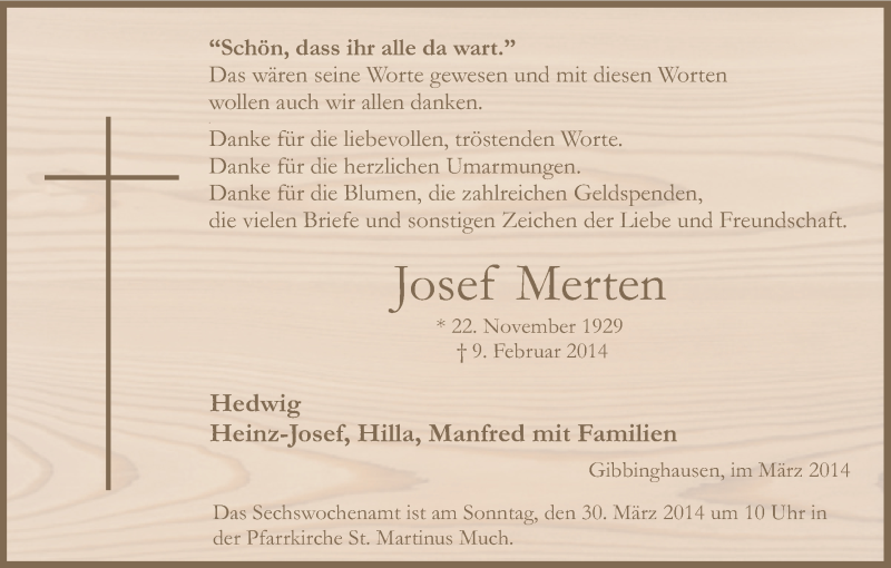  Traueranzeige für Josef Merten vom 22.03.2014 aus Kölner Stadt-Anzeiger / Kölnische Rundschau / Express