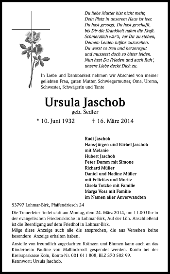 Anzeige von Ursula Jaschob von Kölner Stadt-Anzeiger / Kölnische Rundschau / Express