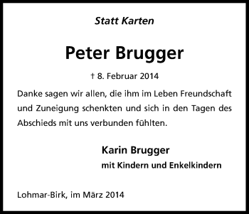 Anzeige von Peter Brugger von Kölner Stadt-Anzeiger / Kölnische Rundschau / Express