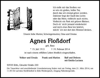 Anzeige von Agnes Floßdorf von Kölner Stadt-Anzeiger / Kölnische Rundschau / Express