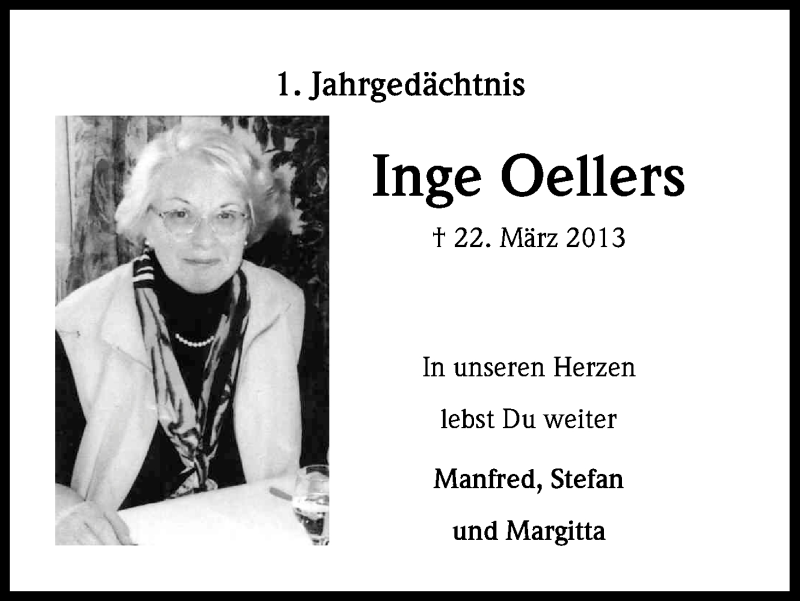  Traueranzeige für Inge Oellers vom 22.03.2014 aus Kölner Stadt-Anzeiger / Kölnische Rundschau / Express