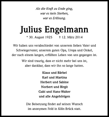 Anzeige von Julius Engelmann von Kölner Stadt-Anzeiger / Kölnische Rundschau / Express
