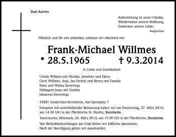 Anzeige von Frank-Michael Willmes von Kölner Stadt-Anzeiger / Kölnische Rundschau / Express