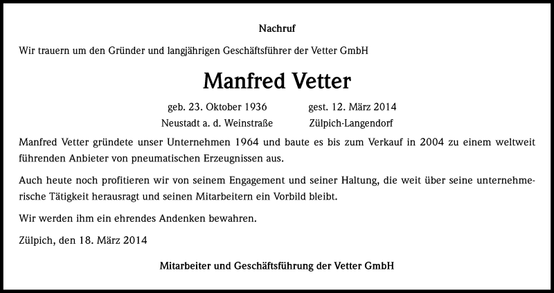  Traueranzeige für Manfred Vetter vom 22.03.2014 aus Kölner Stadt-Anzeiger / Kölnische Rundschau / Express