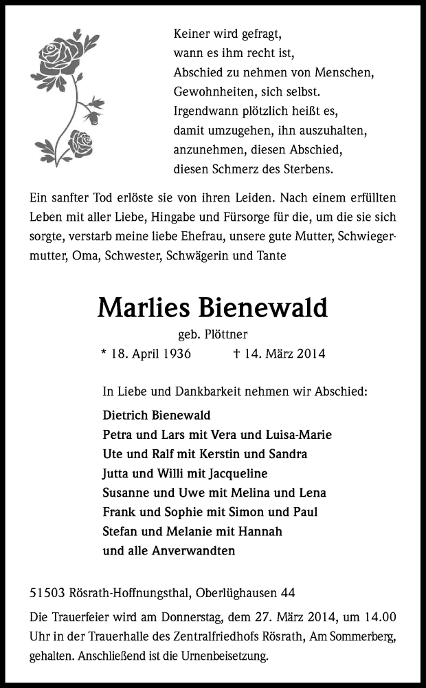  Traueranzeige für Marlies Bienewald vom 22.03.2014 aus Kölner Stadt-Anzeiger / Kölnische Rundschau / Express