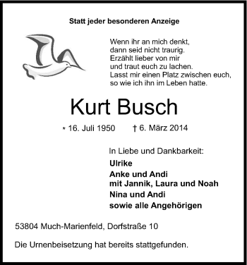 Anzeige von Kurt Busch von Kölner Stadt-Anzeiger / Kölnische Rundschau / Express