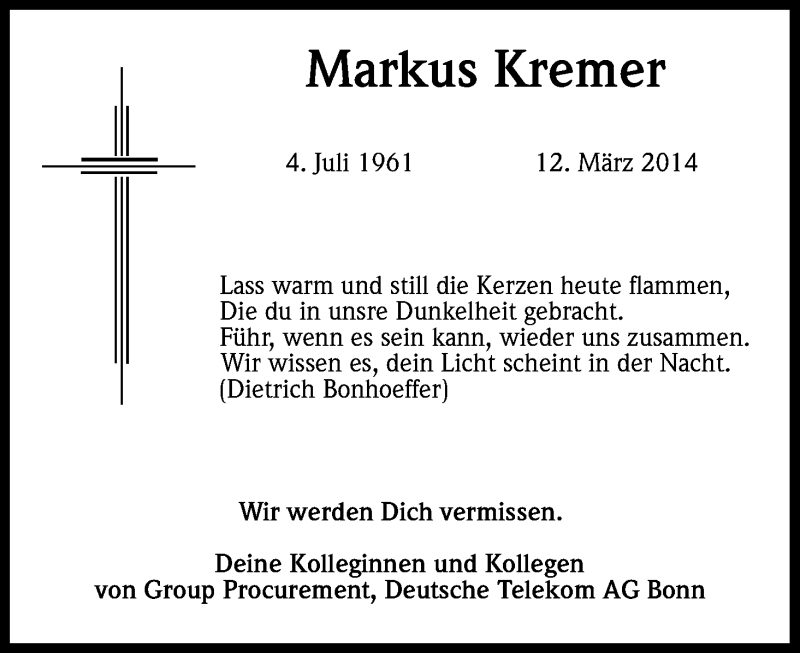  Traueranzeige für Markus Kremer vom 22.03.2014 aus Kölner Stadt-Anzeiger / Kölnische Rundschau / Express