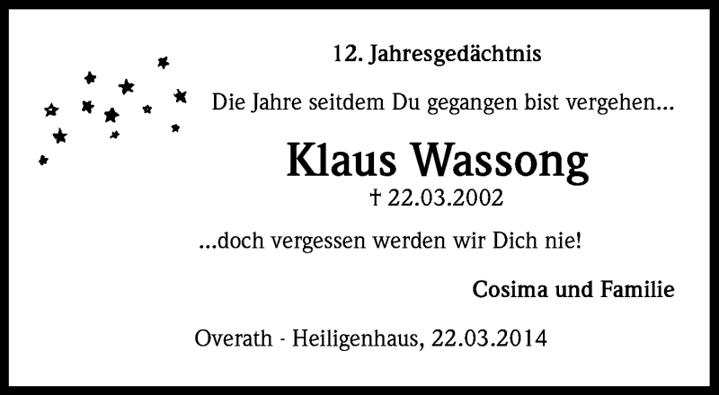  Traueranzeige für Klaus Wassong vom 22.03.2014 aus Kölner Stadt-Anzeiger / Kölnische Rundschau / Express