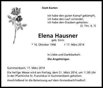 Anzeige von Elena Hausner von Kölner Stadt-Anzeiger / Kölnische Rundschau / Express