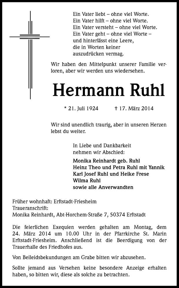  Traueranzeige für Hermann Ruhl vom 20.03.2014 aus Kölner Stadt-Anzeiger / Kölnische Rundschau / Express