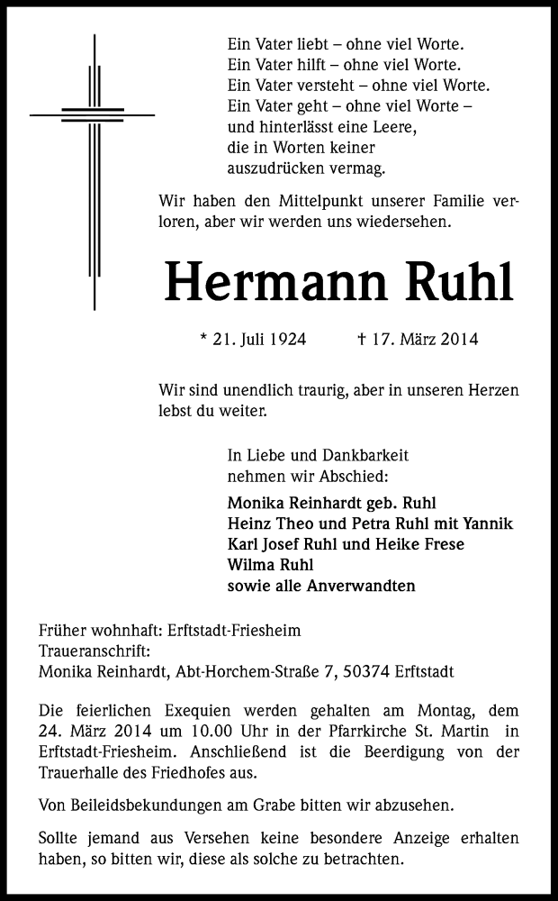  Traueranzeige für Hermann Ruhl vom 22.03.2014 aus Kölner Stadt-Anzeiger / Kölnische Rundschau / Express