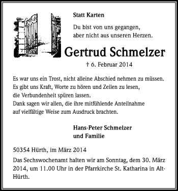 Anzeige von Gertrud Schmelzer von Kölner Stadt-Anzeiger / Kölnische Rundschau / Express