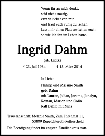 Anzeige von Ingrid Dahm von Kölner Stadt-Anzeiger / Kölnische Rundschau / Express
