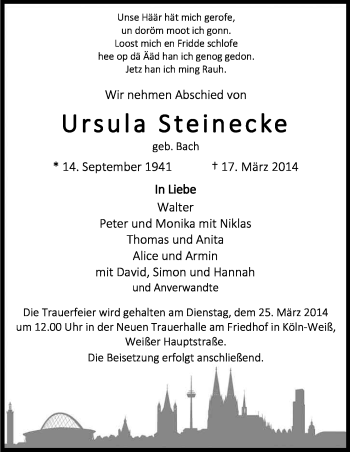Anzeige von Ursula Steinecke von Kölner Stadt-Anzeiger / Kölnische Rundschau / Express