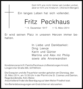 Anzeige von Fritz Peckhaus von Kölner Stadt-Anzeiger / Kölnische Rundschau / Express