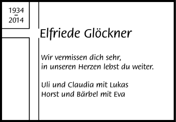 Anzeige von Elfriede Glöckner von Kölner Stadt-Anzeiger / Kölnische Rundschau / Express