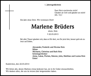 Anzeige von Marlene Brüders von Kölner Stadt-Anzeiger / Kölnische Rundschau / Express