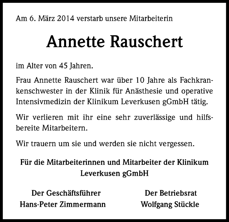 Traueranzeige für Annette Rauschert vom 22.03.2014 aus Kölner Stadt-Anzeiger / Kölnische Rundschau / Express