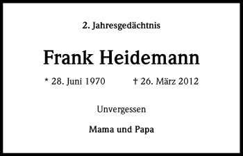 Anzeige von Frank Heidemann von Kölner Stadt-Anzeiger / Kölnische Rundschau / Express