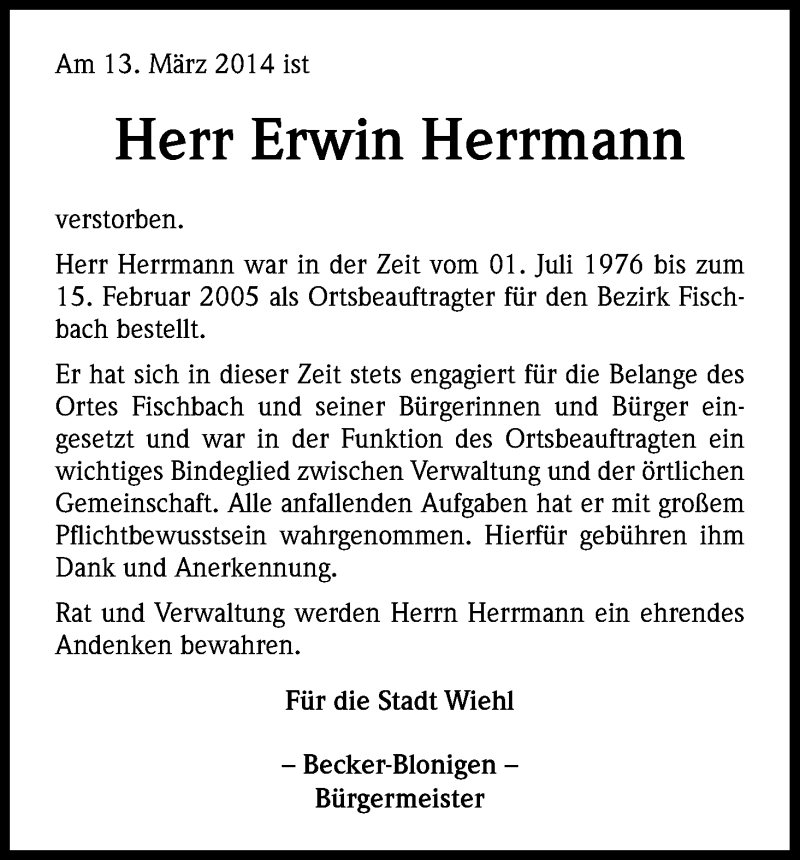  Traueranzeige für Erwin Herrmann vom 20.03.2014 aus Kölner Stadt-Anzeiger / Kölnische Rundschau / Express