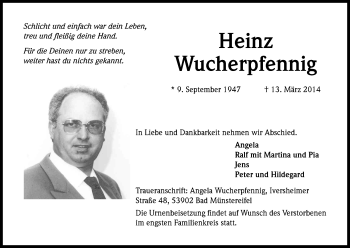 Anzeige von Heinz Wucherpfennig von Kölner Stadt-Anzeiger / Kölnische Rundschau / Express