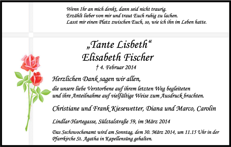  Traueranzeige für Elisabeth Fischer vom 22.03.2014 aus Kölner Stadt-Anzeiger / Kölnische Rundschau / Express