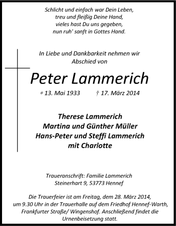 Anzeige von Peter Lammerich von Kölner Stadt-Anzeiger / Kölnische Rundschau / Express