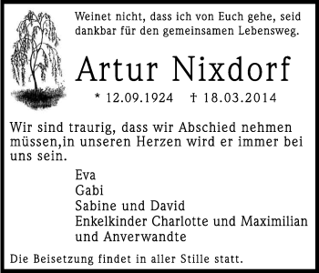 Anzeige von Artur Nixdorf von Kölner Stadt-Anzeiger / Kölnische Rundschau / Express