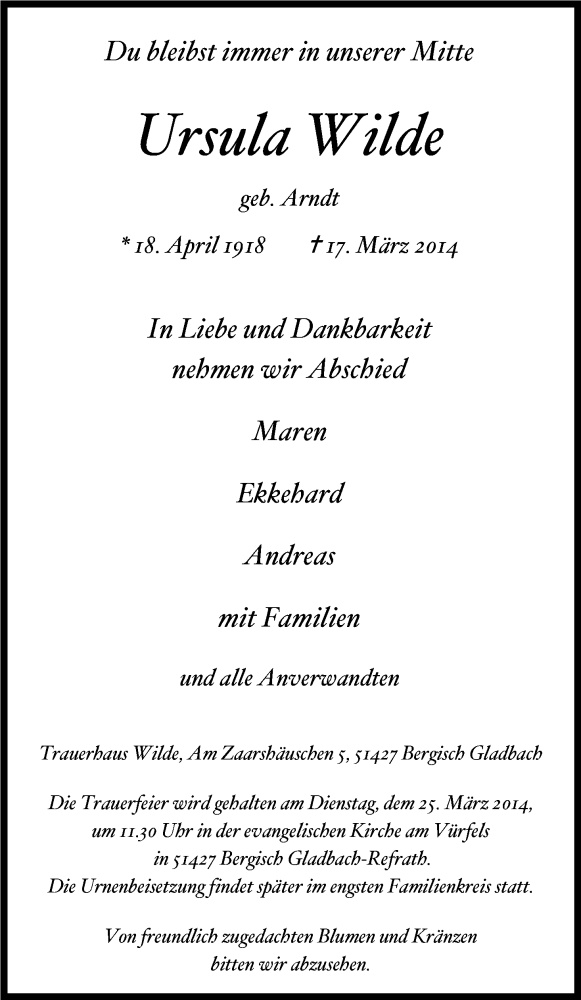  Traueranzeige für Ursula Wilde vom 20.03.2014 aus Kölner Stadt-Anzeiger / Kölnische Rundschau / Express