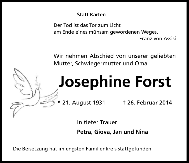  Traueranzeige für Josephine Forst vom 22.03.2014 aus Kölner Stadt-Anzeiger / Kölnische Rundschau / Express