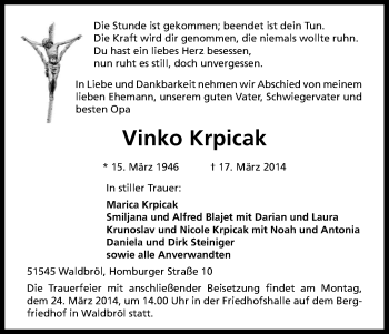 Anzeige von Vinko Krpicak von Kölner Stadt-Anzeiger / Kölnische Rundschau / Express