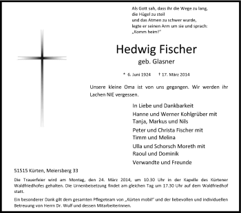 Anzeige von Hedwig Fischer von Kölner Stadt-Anzeiger / Kölnische Rundschau / Express