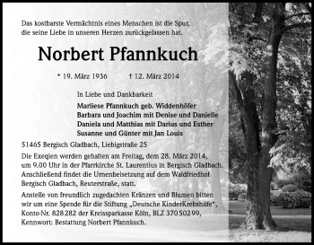 Anzeige von Norbert Pfannkuch von Kölner Stadt-Anzeiger / Kölnische Rundschau / Express