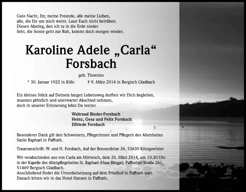 Traueranzeige für Karoline Adele Forsbach vom 22.03.2014 aus Kölner Stadt-Anzeiger / Kölnische Rundschau / Express