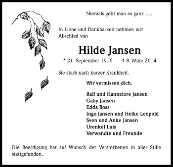 Anzeige von Hilde Jansen von Kölner Stadt-Anzeiger / Kölnische Rundschau / Express